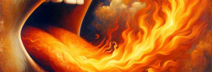 ein stilisiertes Bild einer brennenden Zunge, mit Flammen die von der Zunge wegschießen